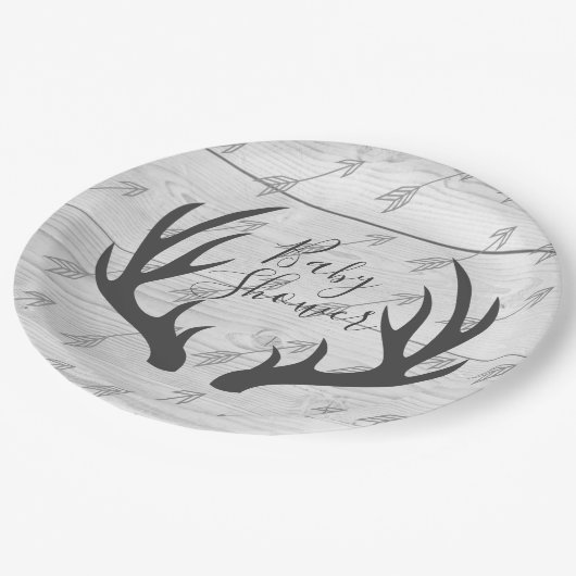 エレガントで素朴な灰色の(雄ジカの)枝角及び白い木 ペーパープレート (アングル)