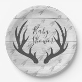 エレガントで素朴な灰色の(雄ジカの)枝角及び白い木 ペーパープレート (正面)