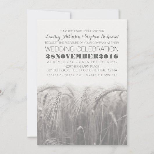 エレガントで素朴な灰色白のムギの結婚式招待状 招待状 (正面)