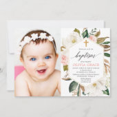 エレガントで素朴な群葉の女の子の洗礼の写真 招待状 (正面)