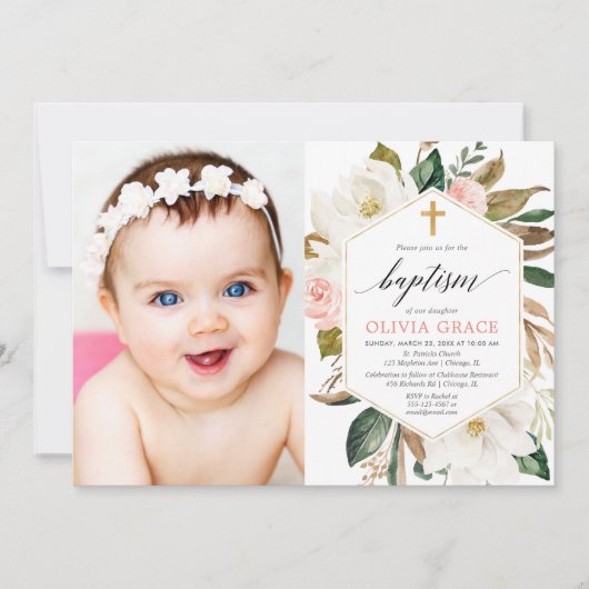 エレガントで素朴な群葉の女の子の洗礼の写真 招待状 (正面)