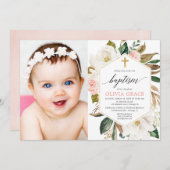 エレガントで素朴な群葉の女の子の洗礼の写真 招待状 (正面/裏面)