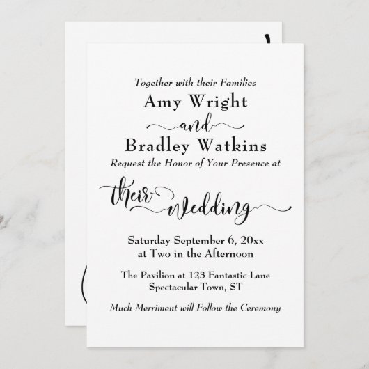エレガントで繊細なタイポグラフィー、ブラック オン ホワイトのウェディング 招待状 (正面/裏面)