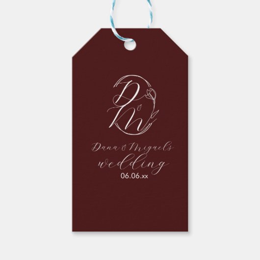 エレガントで繊細なフラワーブライダルロゴ ディープバーガンディ ギフトタグ (正面)