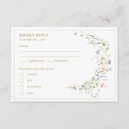 エレガントで繊細な水彩のワイルドフラワー RSVP エンクロージャーカード (正面)