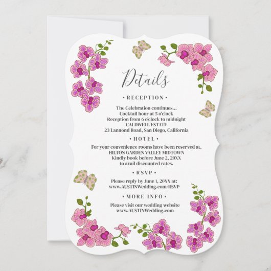 エレガントで繊細な紫のラン 花の詳細 ウェディング 招待状 (正面)