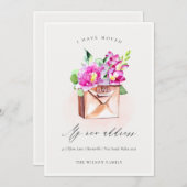 エレガントで華やかなピンクの花の郵便箱に移動しました 案内状 (正面/裏面)