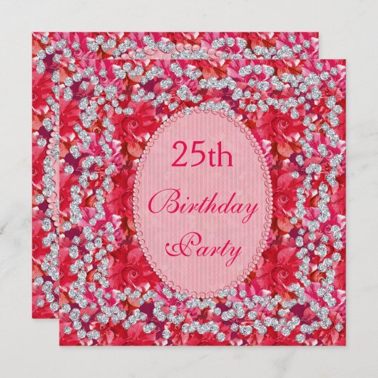 エレガントで赤いですかピンクの花柄及びダイヤモンドの第25誕生日 招待状 (正面/裏面)