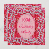 エレガントで赤いですかピンクの花柄及びダイヤモンドの100th誕生日 招待状 (正面/裏面)