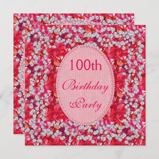 エレガントで赤いですかピンクの花柄及びダイヤモンドの100th誕生日 招待状 (正面/裏面)