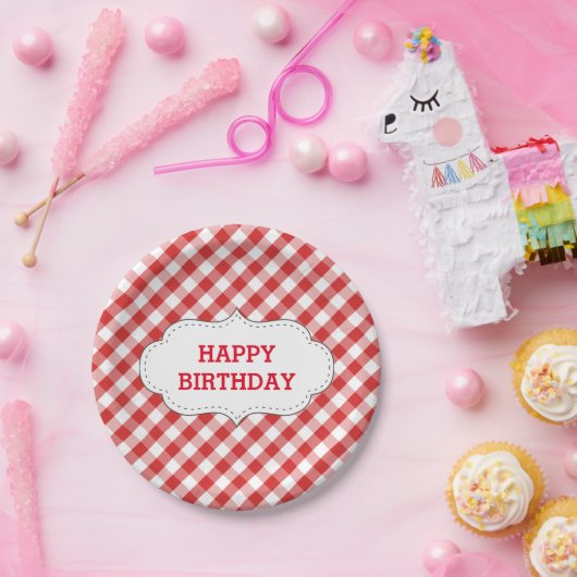 エレガントで赤いギンガムパターンパーソナライズな誕生日 ペーパープレート (パーティー)