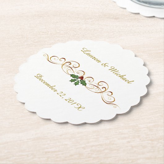 エレガントで赤いヒイラギのクリスマスの結婚式 ペーパーコースター (アングル)