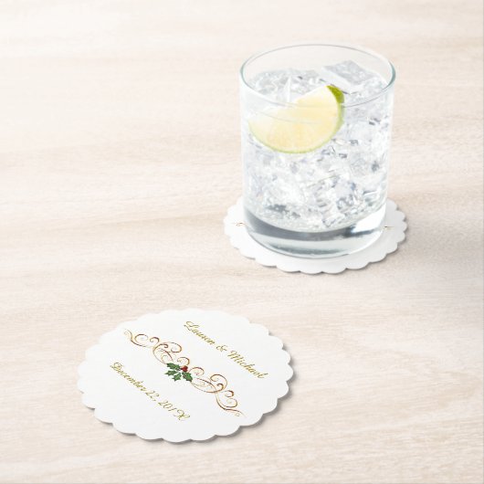 エレガントで赤いヒイラギのクリスマスの結婚式 ペーパーコースター (インサイチュ)