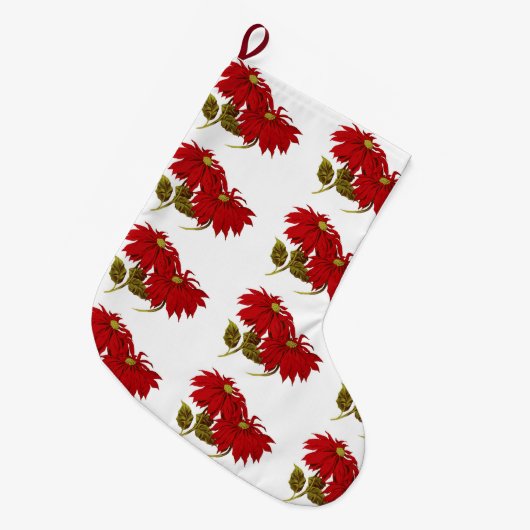 エレガントで赤いポインセチアパターンクリスマスの休日 ラージクリスマスストッキング (正面 (吊り時))