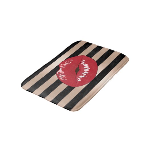 エレガントで赤い唇のばら色の金ゴールドの黒のストライブ柄パターン バスマット (アングル)