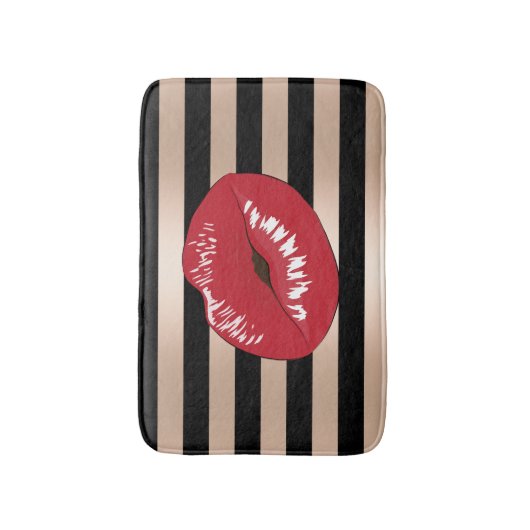 エレガントで赤い唇のばら色の金ゴールドの黒のストライブ柄パターン バスマット (正面縦)