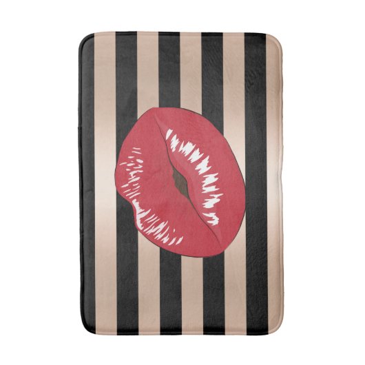 エレガントで赤い唇のばら色の金ゴールドの黒のストライブ柄パターン バスマット (正面縦)