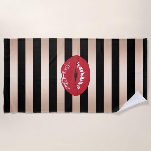 エレガントで赤い唇のばら色の金ゴールドの黒のストライブ柄パターン ビーチタオル (正面)