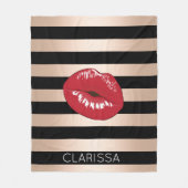 エレガントで赤い唇のばら色の金ゴールドの黒のストライブ柄パターン フリースブランケット (正面)