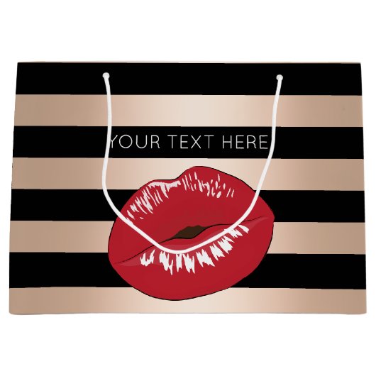 エレガントで赤い唇のばら色の金ゴールドの黒のストライブ柄パターン ラージペーパーバッグ (正面)