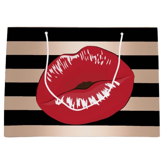 エレガントで赤い唇のばら色の金ゴールドの黒のストライブ柄パターン ラージペーパーバッグ (正面)