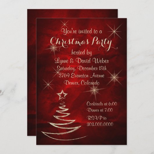 エレガントで赤い金ゴールドのクリスマス・パーティ 招待状 (正面/裏面)