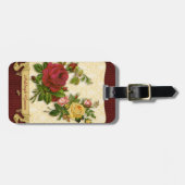 エレガントで赤い黄色バラのダマスク織のヴィンテージの切り出し ラゲッジタグ (正面横)