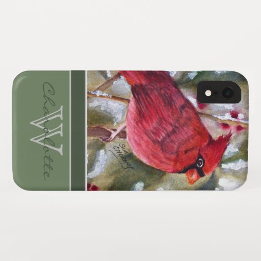 エレガントで赤い(鳥)ショウジョウコウカンチョウwの緑のモノグラムの名前 Case-Mate iPhoneケース (裏面(横))