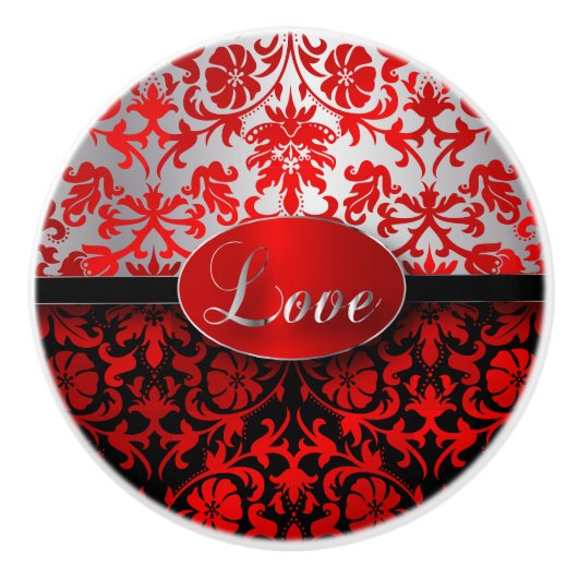 エレガントで赤く、黒い、銀製のダマスク織 セラミックノブ (正面)