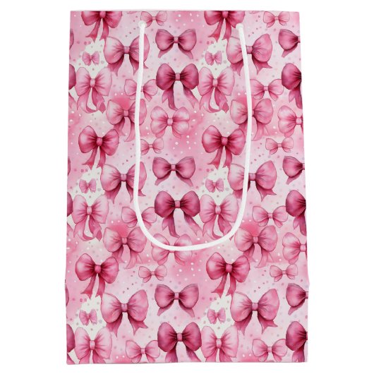 エレガントで遊び心のあるピンクのクーペットボウのリボン ミディアムペーパーバッグ (裏面)