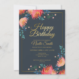 エレガントで遊び心のある花、濃い青、金のアクセント 招待状