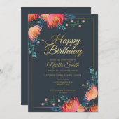 エレガントで遊び心のある花、濃い青、金のアクセント 招待状 (正面/裏面)