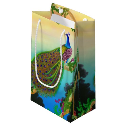 エレガントで青いインドの孔雀のギフトバッグ スモールペーパーバッグ (正面アングル)