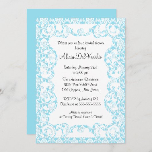 エレガントで青いダマスク織のブライダルシャワーの招待状 招待状 (正面/裏面)