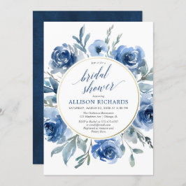 エレガントで青いリースの花柄のブライダルシャワー 招待状