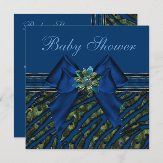エレガントで青い孔雀のアニマルプリントのベビーシャワー 招待状 (正面/裏面)