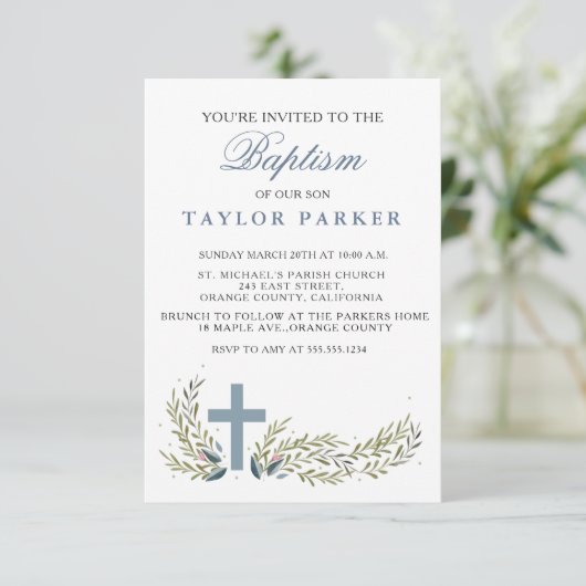 エレガントで青い洗礼または《キリスト教》洗礼式や命名式の招待状 招待状 (スタンド正面)