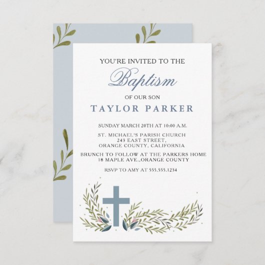 エレガントで青い洗礼または《キリスト教》洗礼式や命名式の招待状 招待状 (正面/裏面)