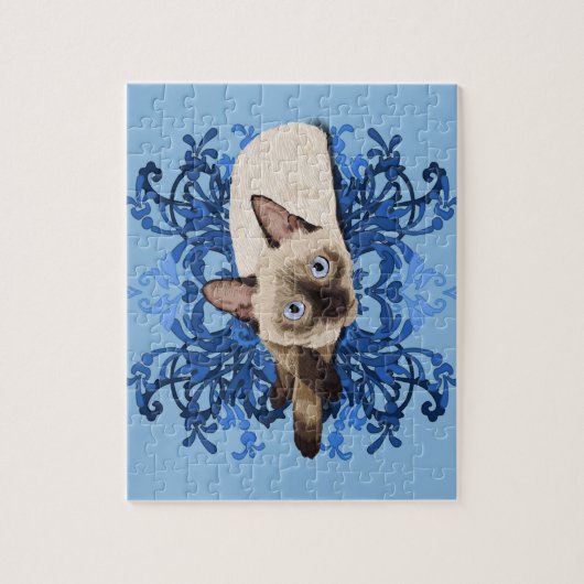 エレガントで青い花のシャム猫のかわいらしいネコ科 ジグソーパズル (縦)