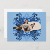 エレガントで青い花のシャム猫のかわいらしいネコ科 ポストカード (正面/裏面)