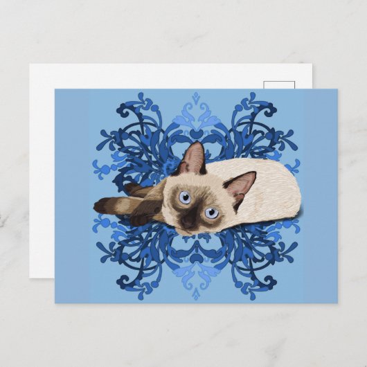 エレガントで青い花のシャム猫のかわいらしいネコ科 ポストカード (正面/裏面)
