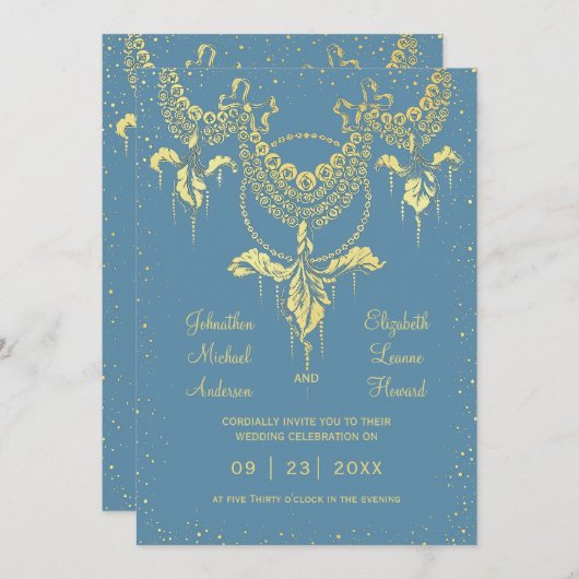 エレガントで青い金ゴールドのアイリス花輪の結婚式招待状 招待状 (正面/裏面)