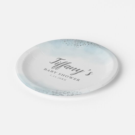 エレガントで青い銀製のグリッターのベビーシャワー ペーパープレート (アングル)