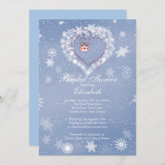 エレガントで青い雪片のハートの冬のブライダルシャワー 招待状 (正面/裏面)