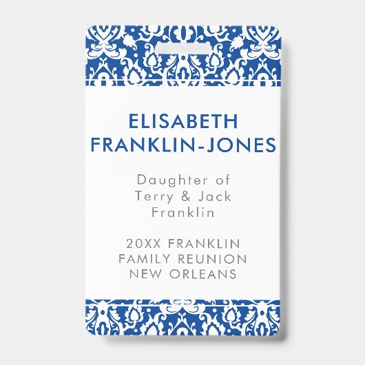 エレガントで青および白いダマスク織の家族会 バッジ (Front)