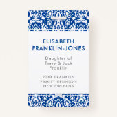 エレガントで青および白いダマスク織の家族会 バッジ (正面)