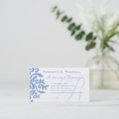 エレガントで青および白いダマスク織の手紙R 名刺 (スタンド正面)