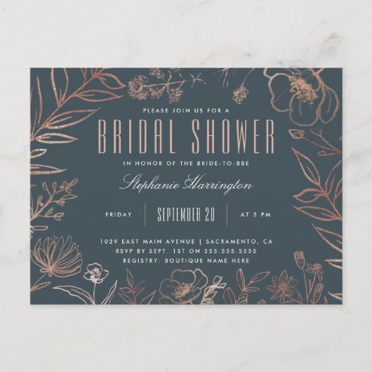 エレガントで青及びばら色の金ゴールド草原のブライダルシャワー インビテーションポストカード (正面)