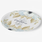 エレガントで青及び白い花の十字のベビーの洗礼 ペーパープレート (アングル)