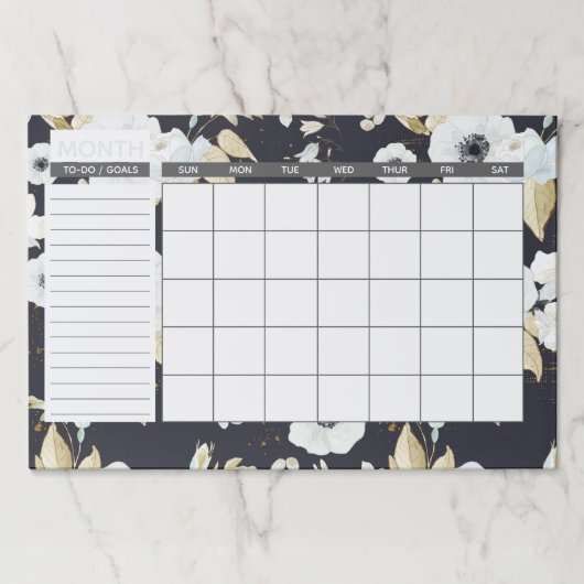 エレガントで青及び白い花の月例カレンダー ペーパーパッド (正面)